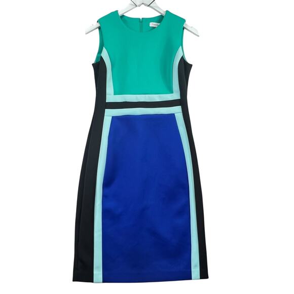 Calvin Klein Sleeveless Color-Block Sheath Dress 4 Green Blue Sleeveless Fitted - Picture 6 of 13